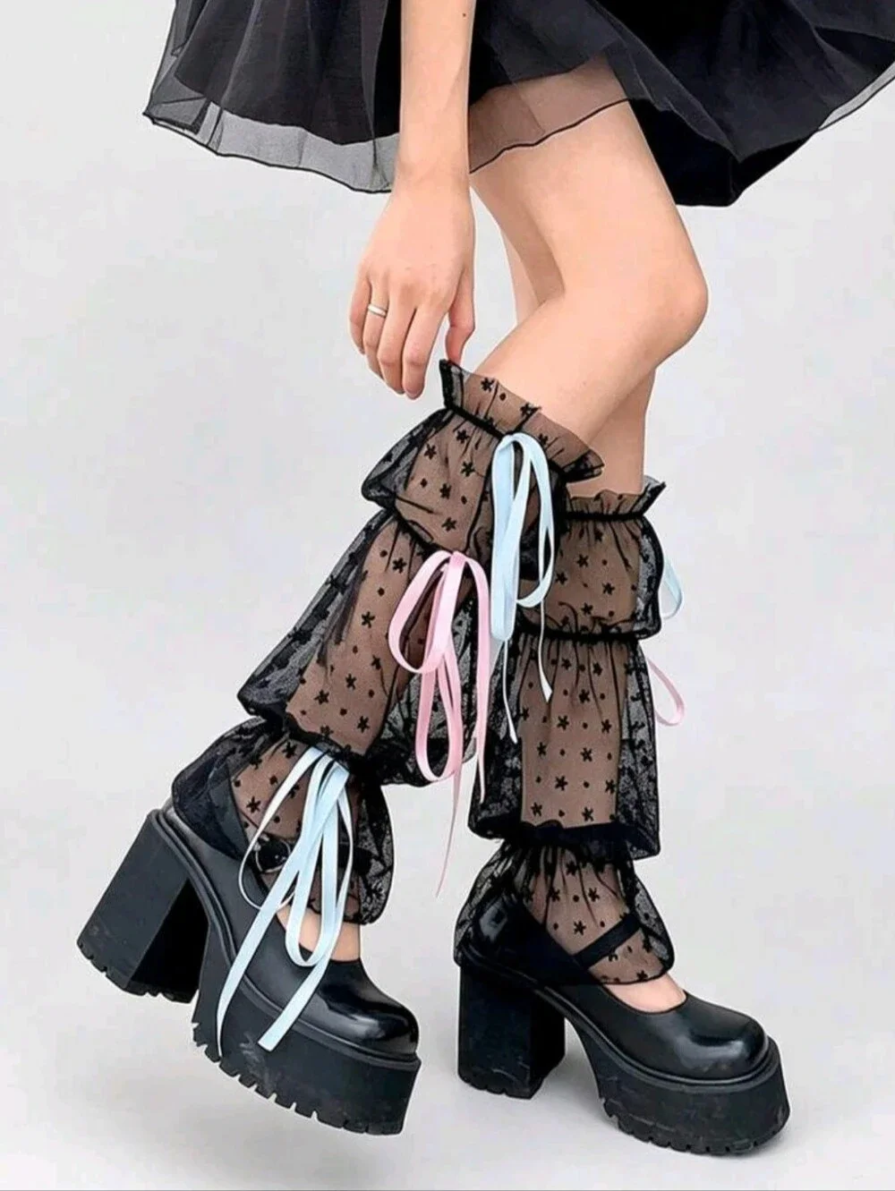 Blue & Pink Lace Ribbon Leg Warmers